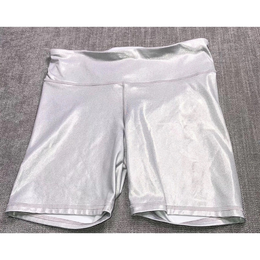 GapFit Womens Silver Metallic Biker Shorts Large Compression Yoga Activewear